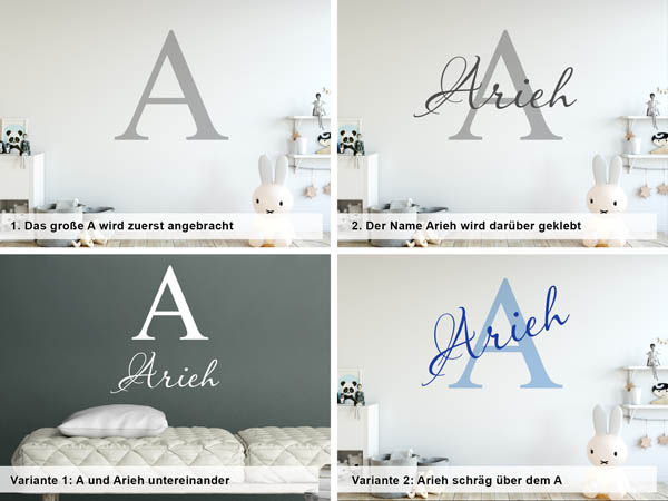 Verschiedene Anordnungen des Wandtattoos Arieh