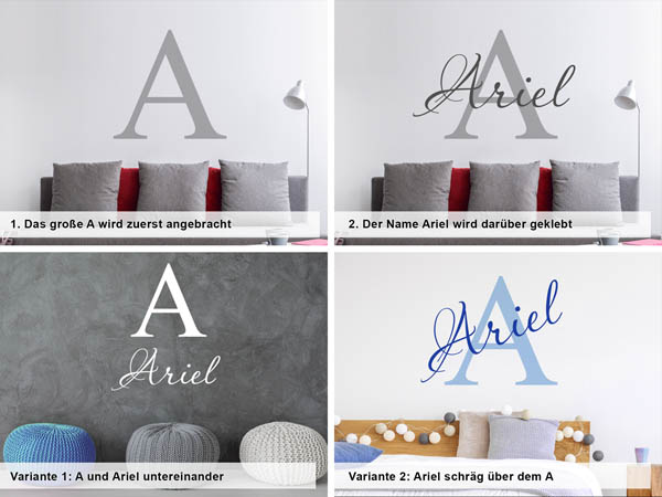 Verschiedene Anordnungen des Wandtattoos Ariel