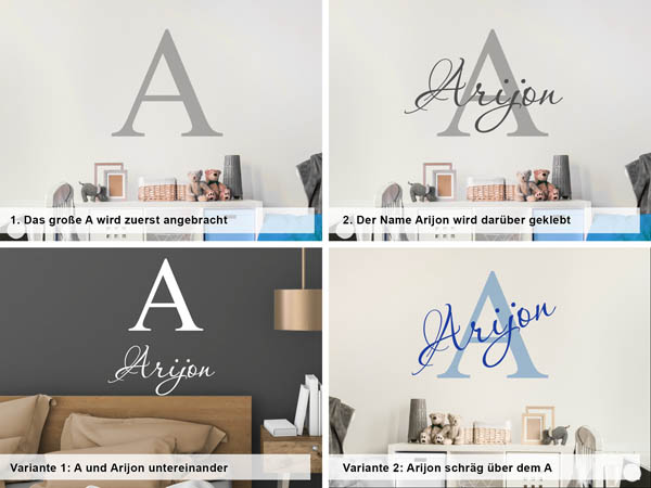 Verschiedene Anordnungen des Wandtattoos Arijon