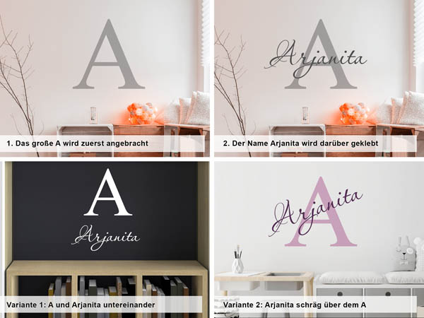 Verschiedene Anordnungen des Wandtattoos Arjanita