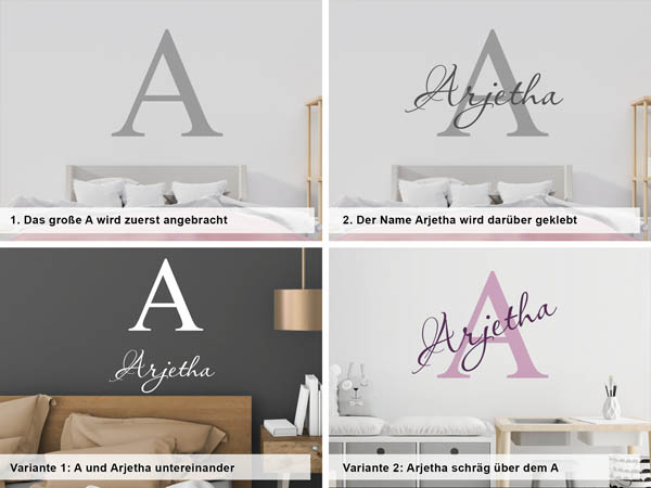 Verschiedene Anordnungen des Wandtattoos Arjetha