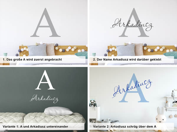 Verschiedene Anordnungen des Wandtattoos Arkadiusz