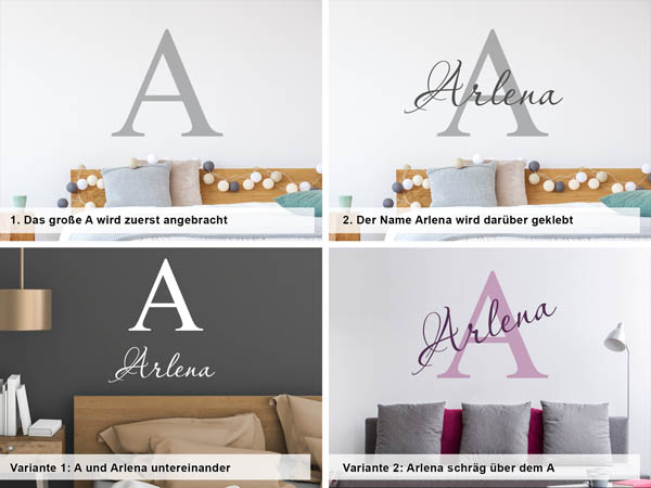 Verschiedene Anordnungen des Wandtattoos Arlena
