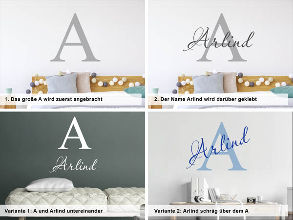 Verschiedene Anordnungen des Wandtattoos Arlind
