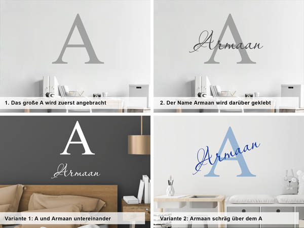 Verschiedene Anordnungen des Wandtattoos Armaan