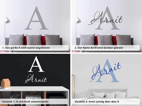 Verschiedene Anordnungen des Wandtattoos Arnit