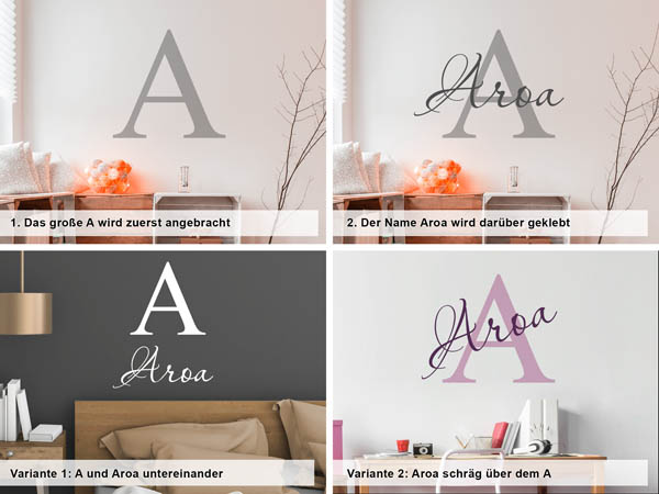 Verschiedene Anordnungen des Wandtattoos Aroa