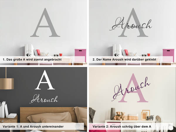 Verschiedene Anordnungen des Wandtattoos Aroush