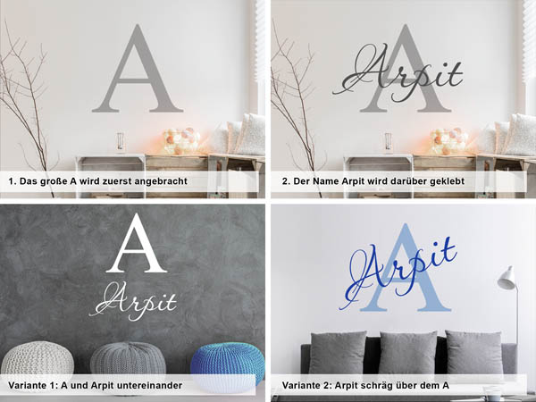 Verschiedene Anordnungen des Wandtattoos Arpit