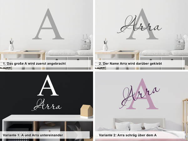 Verschiedene Anordnungen des Wandtattoos Arra