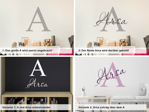 Verschiedene Anordnungen des Wandtattoos Arsa