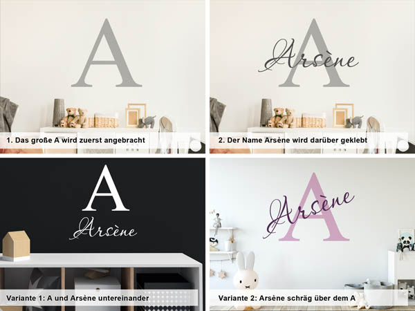 Verschiedene Anordnungen des Wandtattoos Arsène