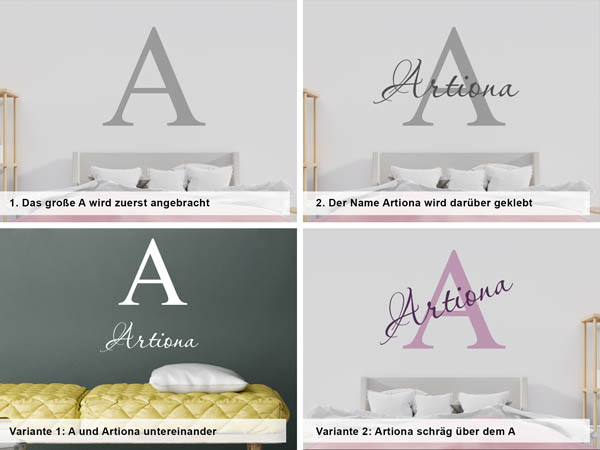 Verschiedene Anordnungen des Wandtattoos Artiona