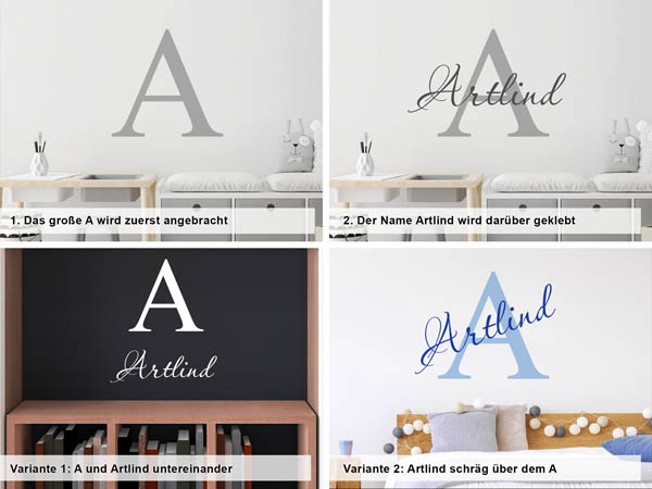 Verschiedene Anordnungen des Wandtattoos Artlind