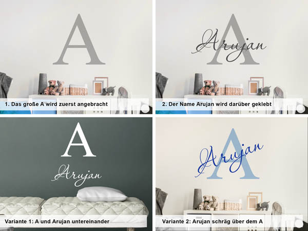 Verschiedene Anordnungen des Wandtattoos Arujan