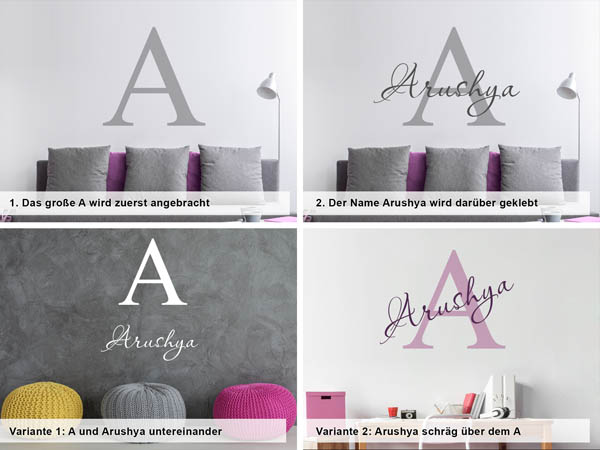 Verschiedene Anordnungen des Wandtattoos Arushya