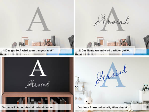 Verschiedene Anordnungen des Wandtattoos Arvind