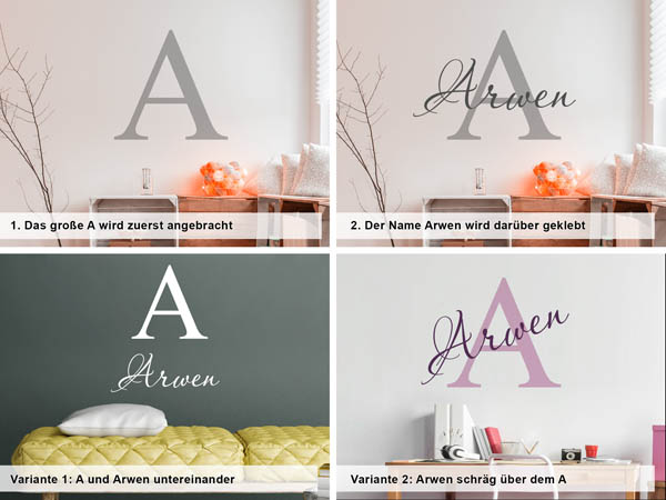 Verschiedene Anordnungen des Wandtattoos Arwen
