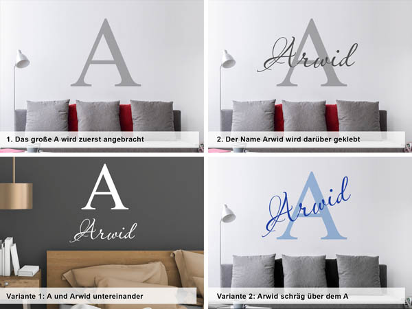 Verschiedene Anordnungen des Wandtattoos Arwid