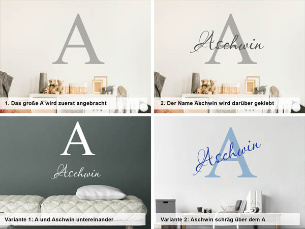 Verschiedene Anordnungen des Wandtattoos Aschwin