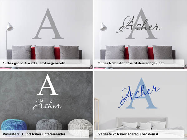 Verschiedene Anordnungen des Wandtattoos Asher