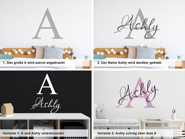 Verschiedene Anordnungen des Wandtattoos Ashly