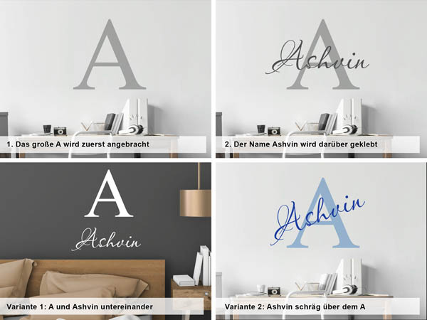 Verschiedene Anordnungen des Wandtattoos Ashvin