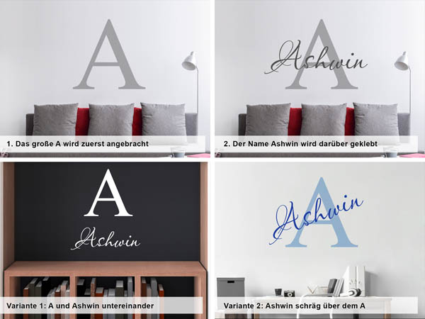 Verschiedene Anordnungen des Wandtattoos Ashwin