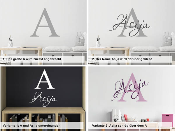 Verschiedene Anordnungen des Wandtattoos Asija