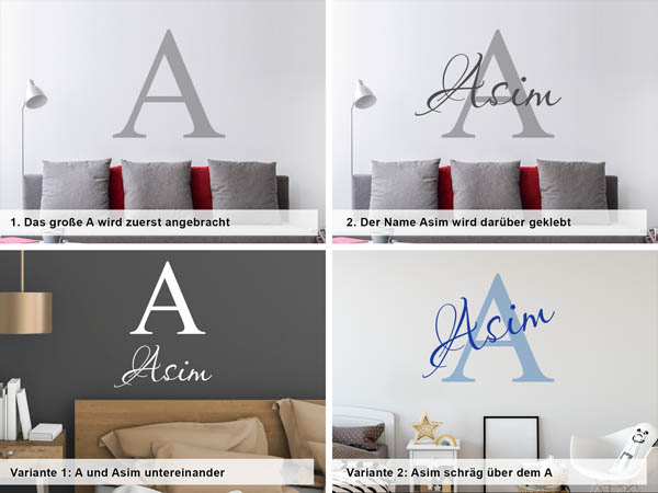 Verschiedene Anordnungen des Wandtattoos Asim