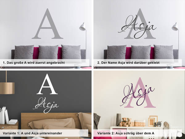 Verschiedene Anordnungen des Wandtattoos Asja