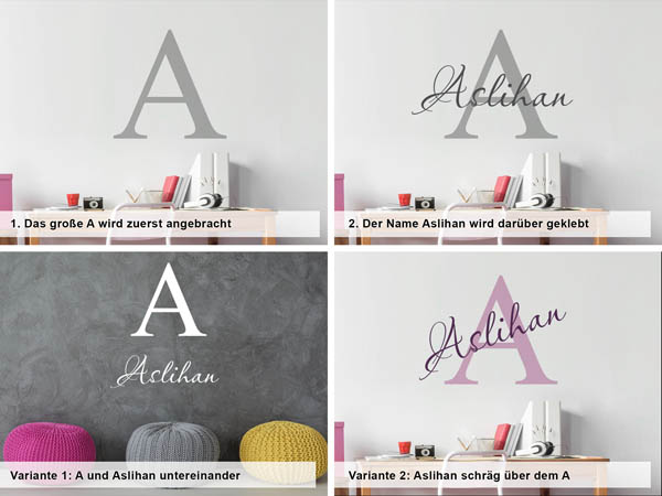 Verschiedene Anordnungen des Wandtattoos Aslihan
