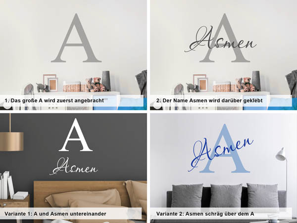 Verschiedene Anordnungen des Wandtattoos Asmen