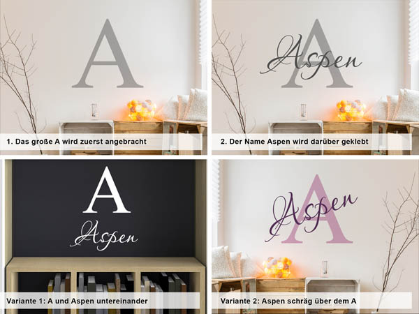 Verschiedene Anordnungen des Wandtattoos Aspen