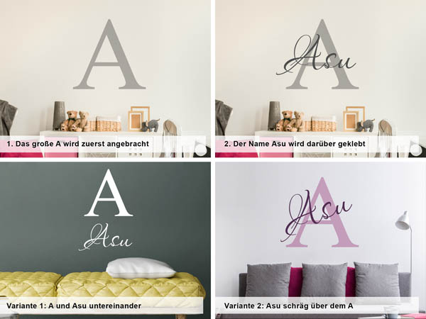 Verschiedene Anordnungen des Wandtattoos Asu