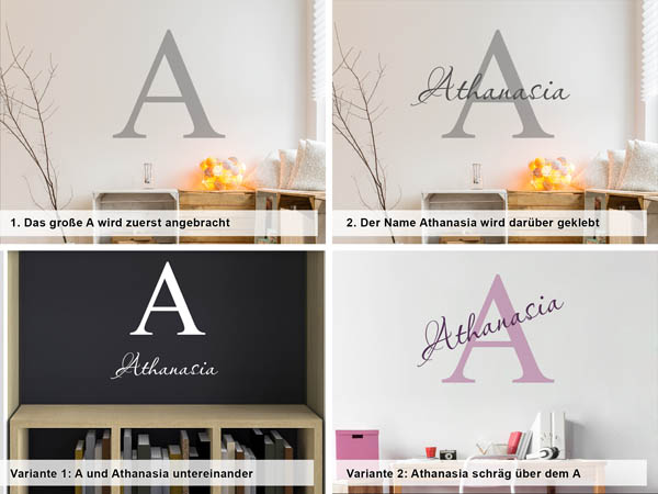 Verschiedene Anordnungen des Wandtattoos Athanasia