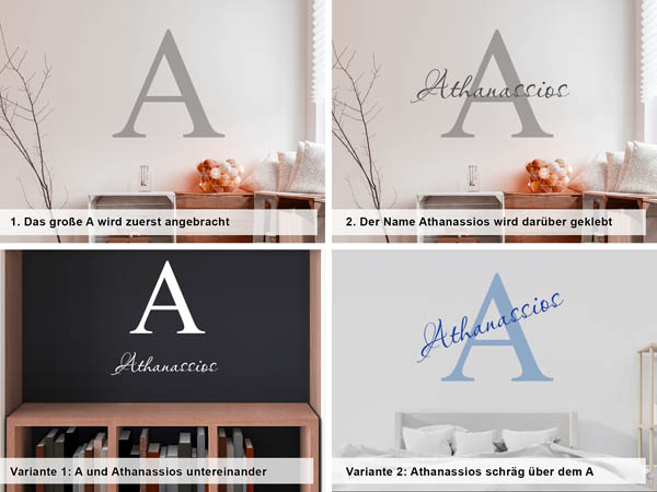 Verschiedene Anordnungen des Wandtattoos Athanassios