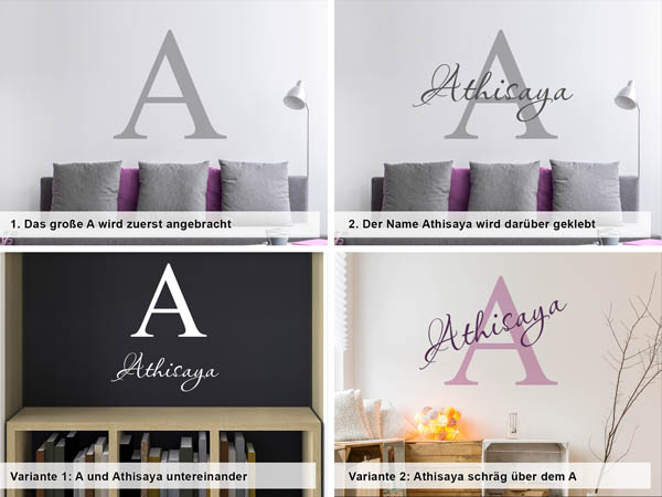 Verschiedene Anordnungen des Wandtattoos Athisaya