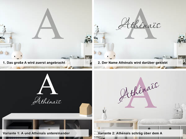 Verschiedene Anordnungen des Wandtattoos Athénaïs