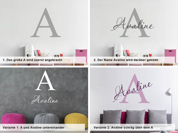 Verschiedene Anordnungen des Wandtattoos Avaline