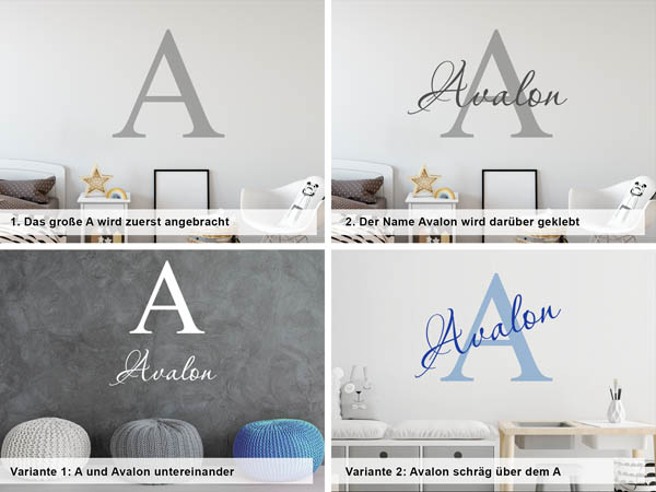 Verschiedene Anordnungen des Wandtattoos Avalon