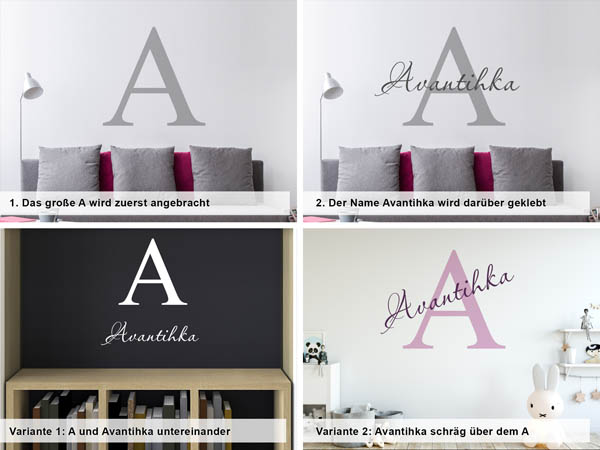 Verschiedene Anordnungen des Wandtattoos Avantihka