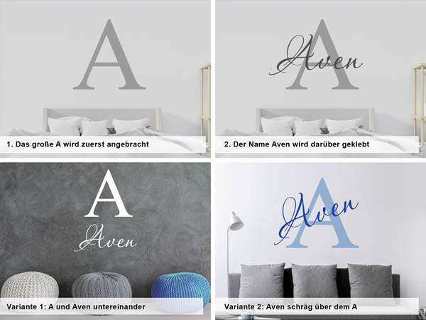 Verschiedene Anordnungen des Wandtattoos Aven