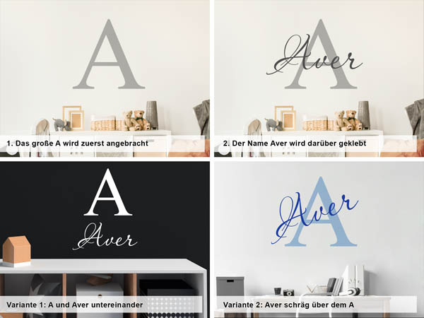Verschiedene Anordnungen des Wandtattoos Aver