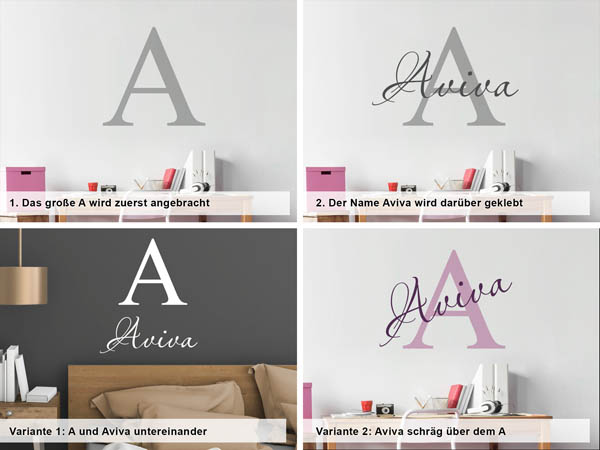 Verschiedene Anordnungen des Wandtattoos Aviva