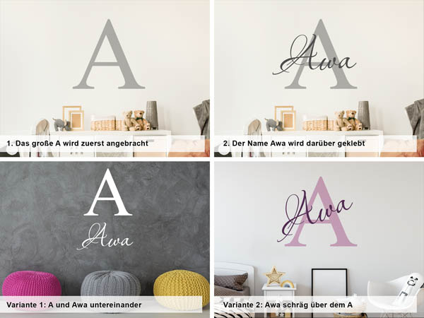 Verschiedene Anordnungen des Wandtattoos Awa