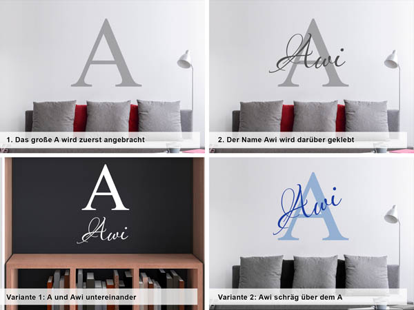 Verschiedene Anordnungen des Wandtattoos Awi