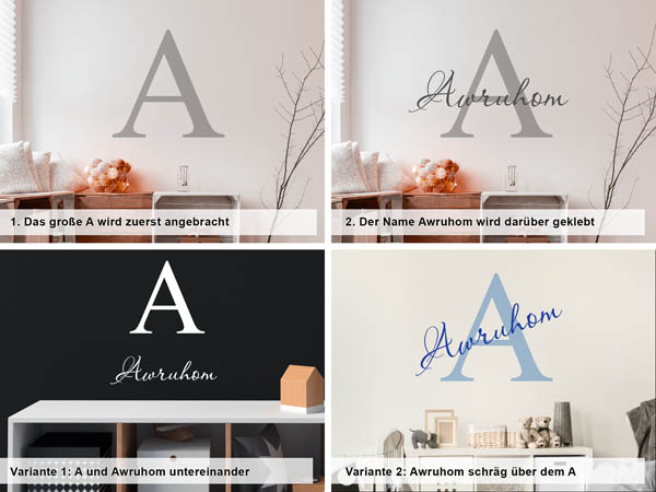 Verschiedene Anordnungen des Wandtattoos Awruhom