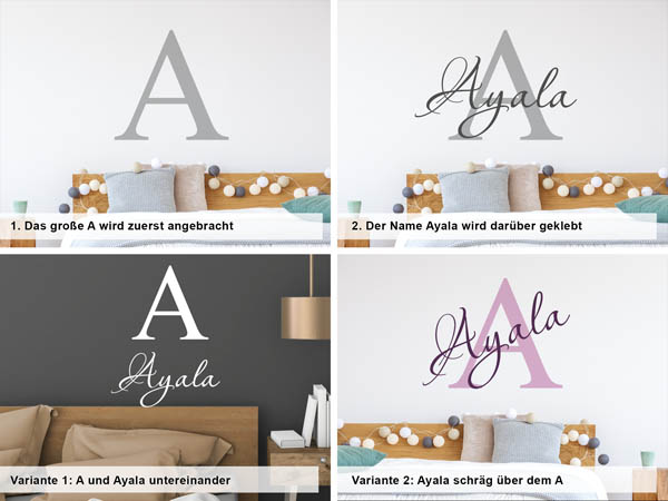 Verschiedene Anordnungen des Wandtattoos Ayala
