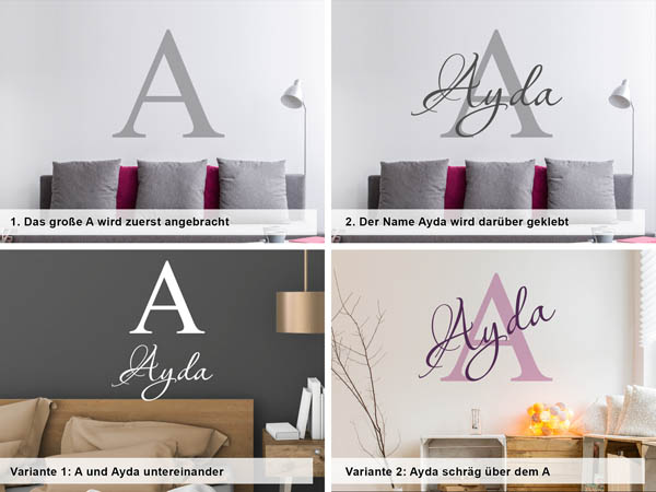 Verschiedene Anordnungen des Wandtattoos Ayda